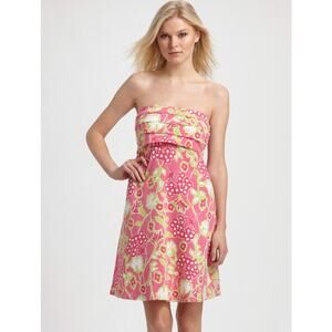 Lilly Pulitzer Strapless Stretchy Cotton Dress Size Small Y2K Style Floral Pink